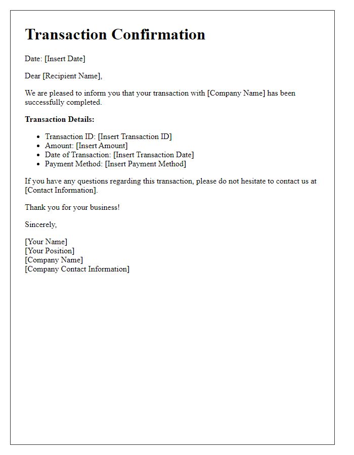 Letter template of confirmation for completed transaction