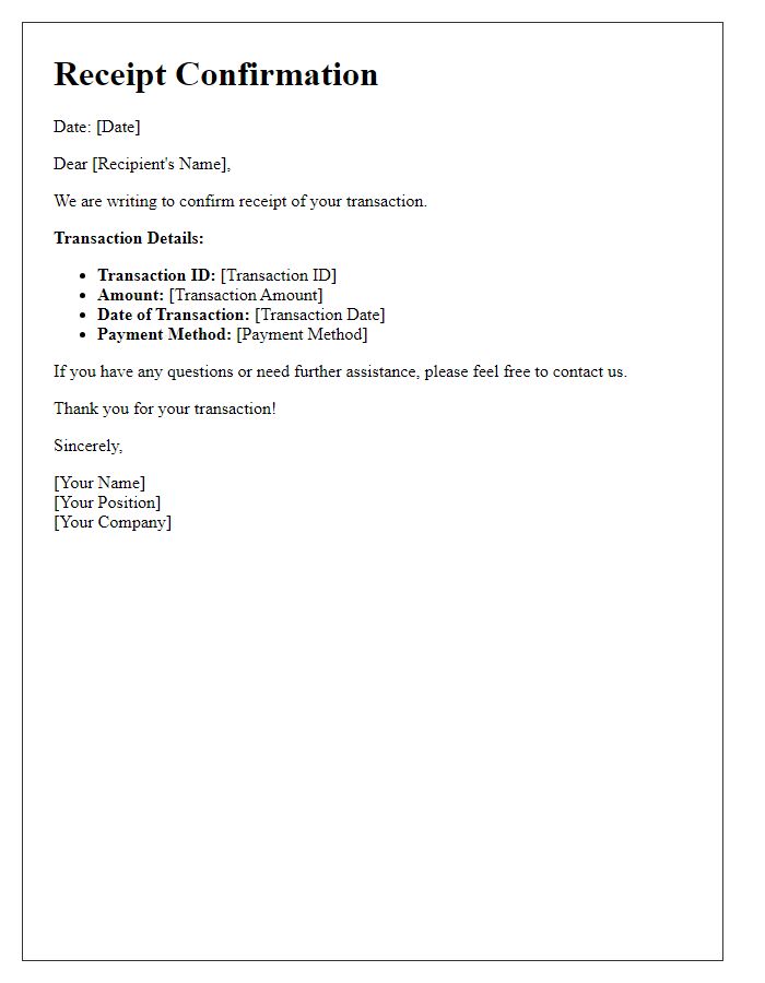 Letter template of receipt confirmation for transaction