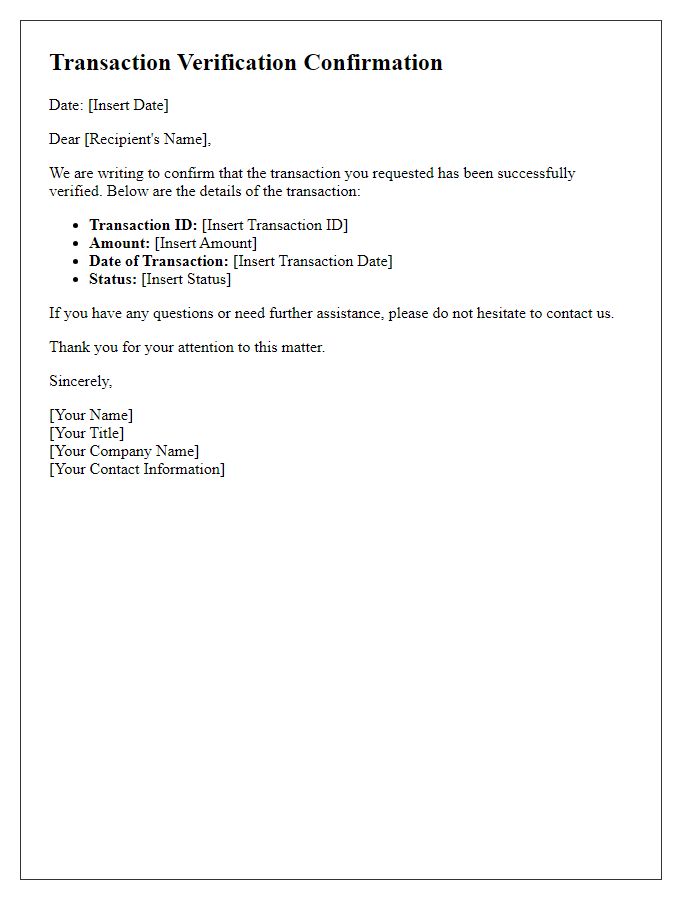 Letter template of transaction verification confirmation