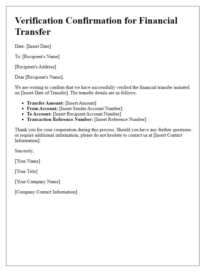 Letter template of verification confirmation for financial transfer