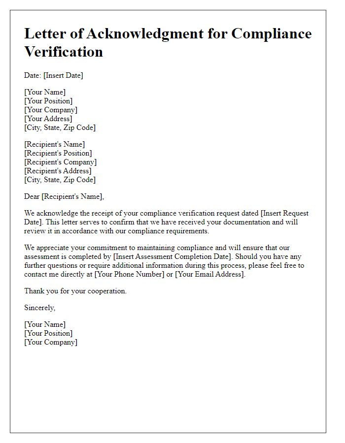 Letter template of acknowledgment for compliance verification