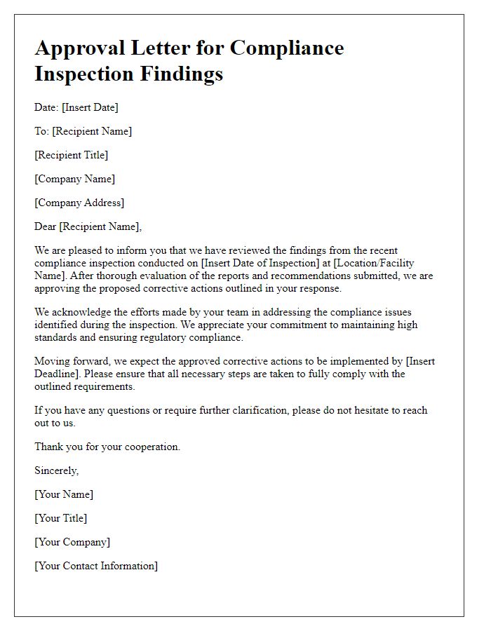 Letter template of approval for compliance inspection findings