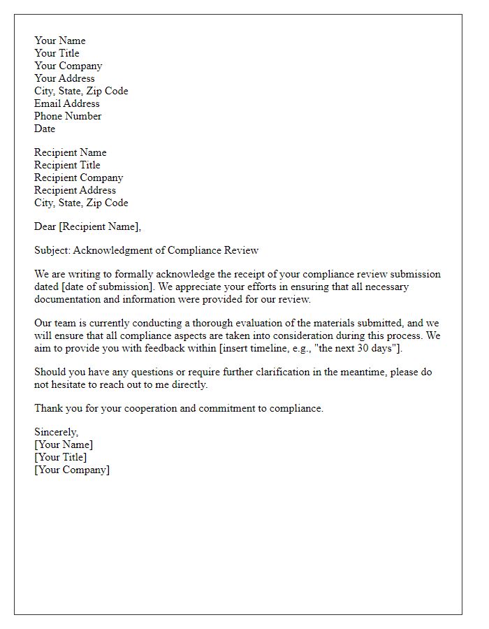 Letter template of formal compliance review acknowledgment