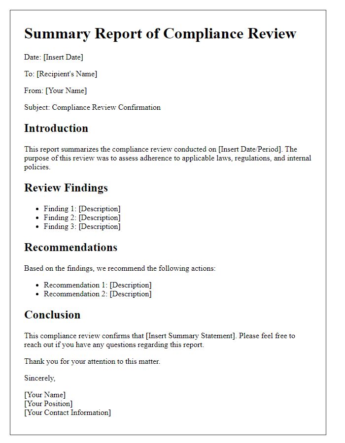 Letter template of summary report for compliance review confirmation