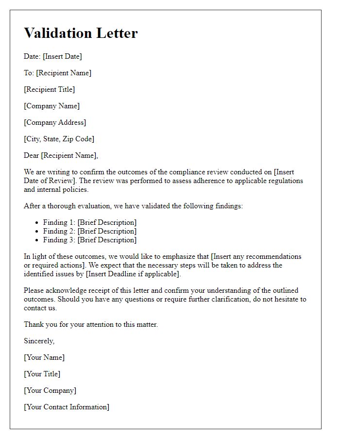 Letter template of validation for compliance review outcomes