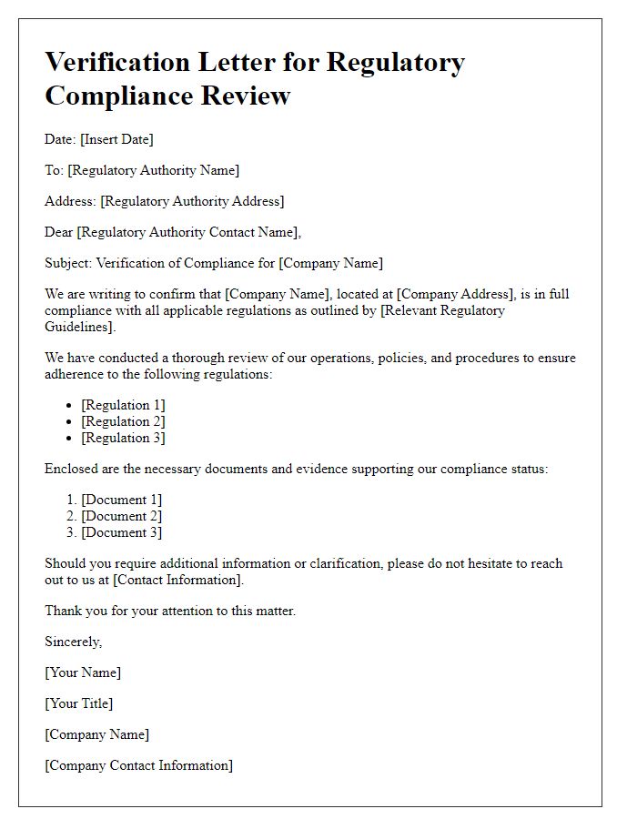 Letter template of verification for regulatory compliance review