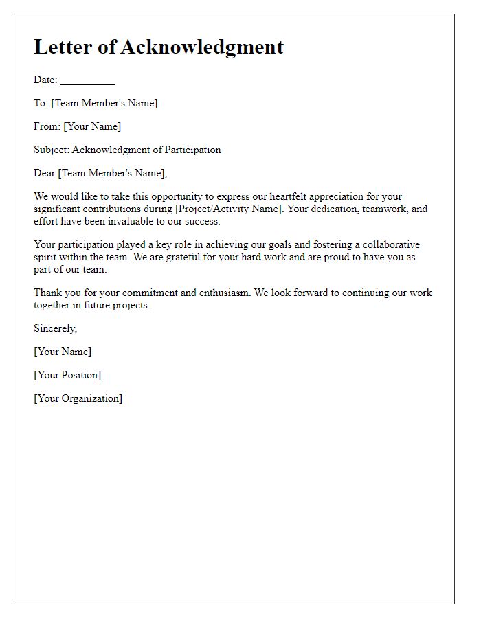 Letter template of acknowledgment for team participation