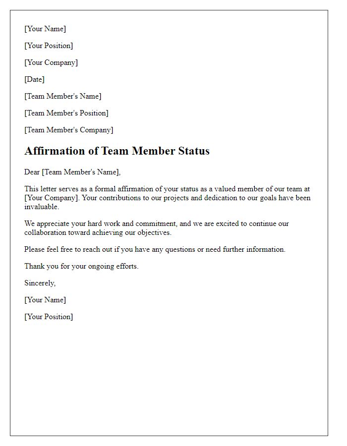 Letter template of affirmation of team member status