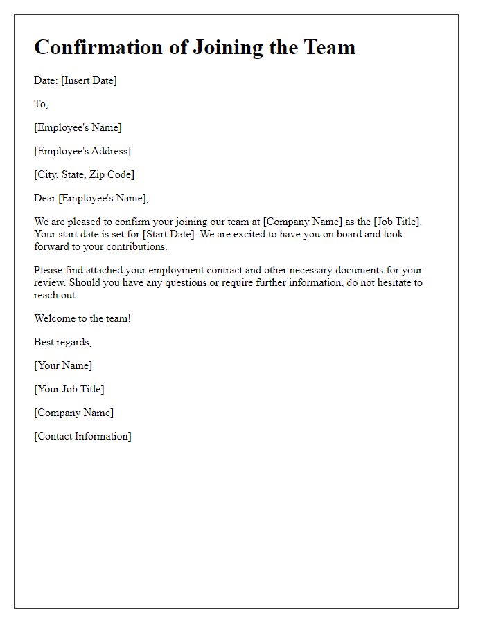 Letter template of confirmation for joining the team