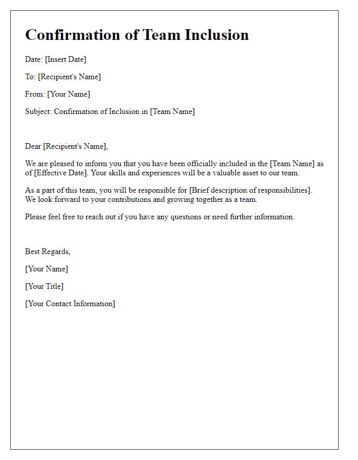 Letter template of confirmation letter for team inclusion