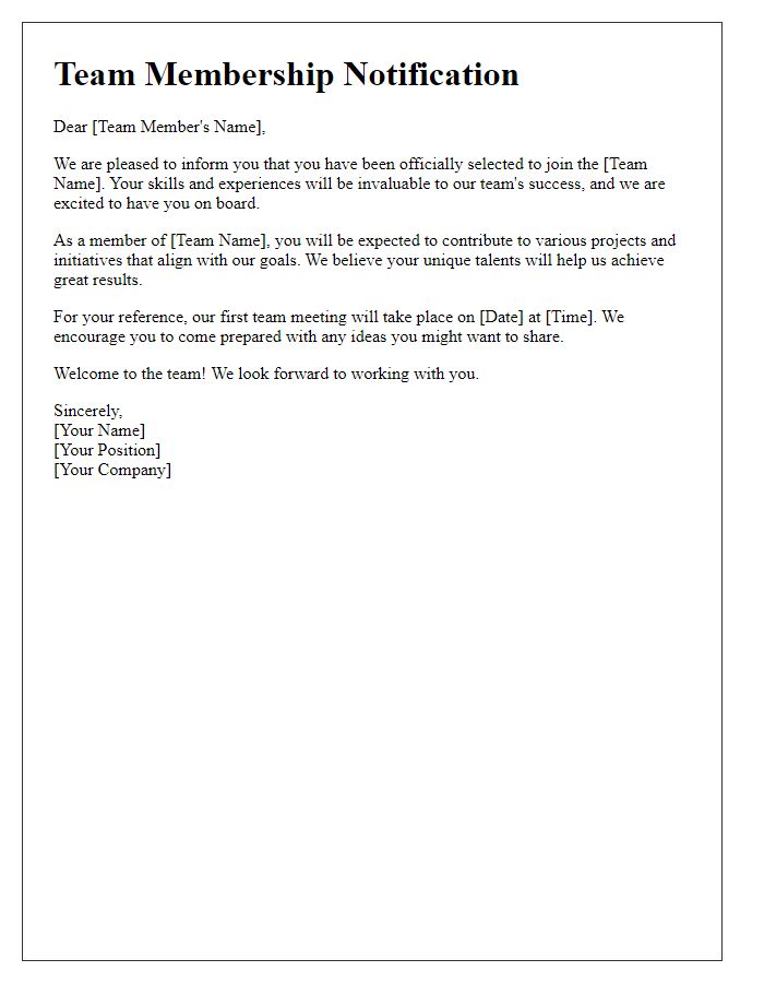 Letter template of notification of team membership