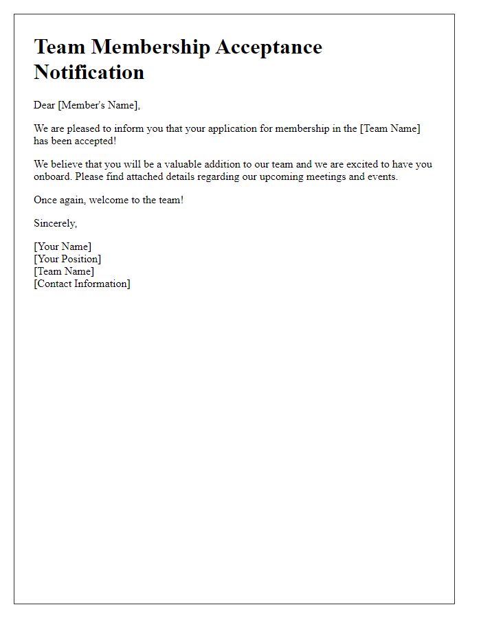 Letter template of team membership acceptance notification