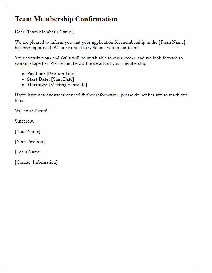 Letter template of team membership confirmation