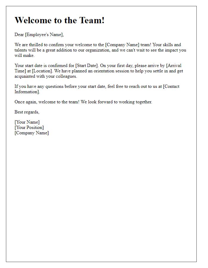 Letter template of welcome to the team confirmation