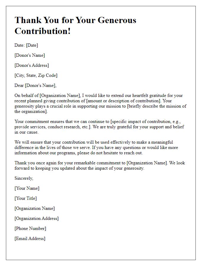 Letter template of acknowledgment for recent planned giving contributions