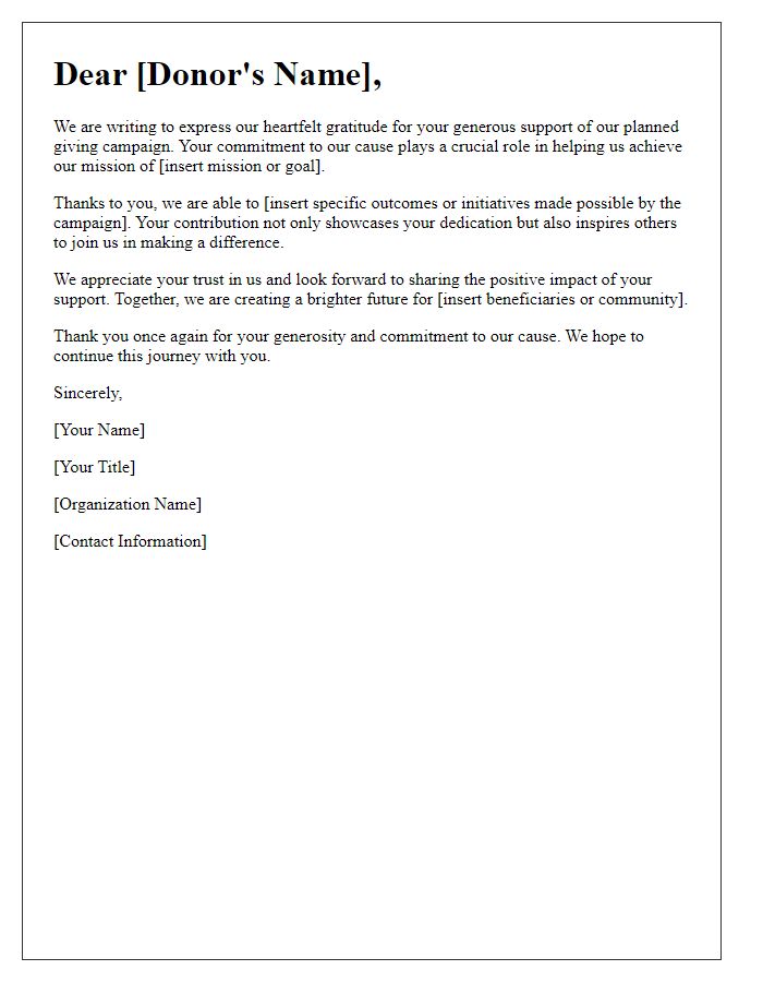 Letter template of appreciation for supporting our planned giving campaign