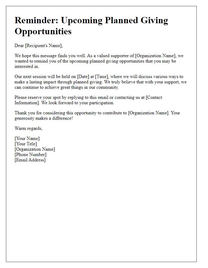 Letter template of reminder for upcoming planned giving opportunities