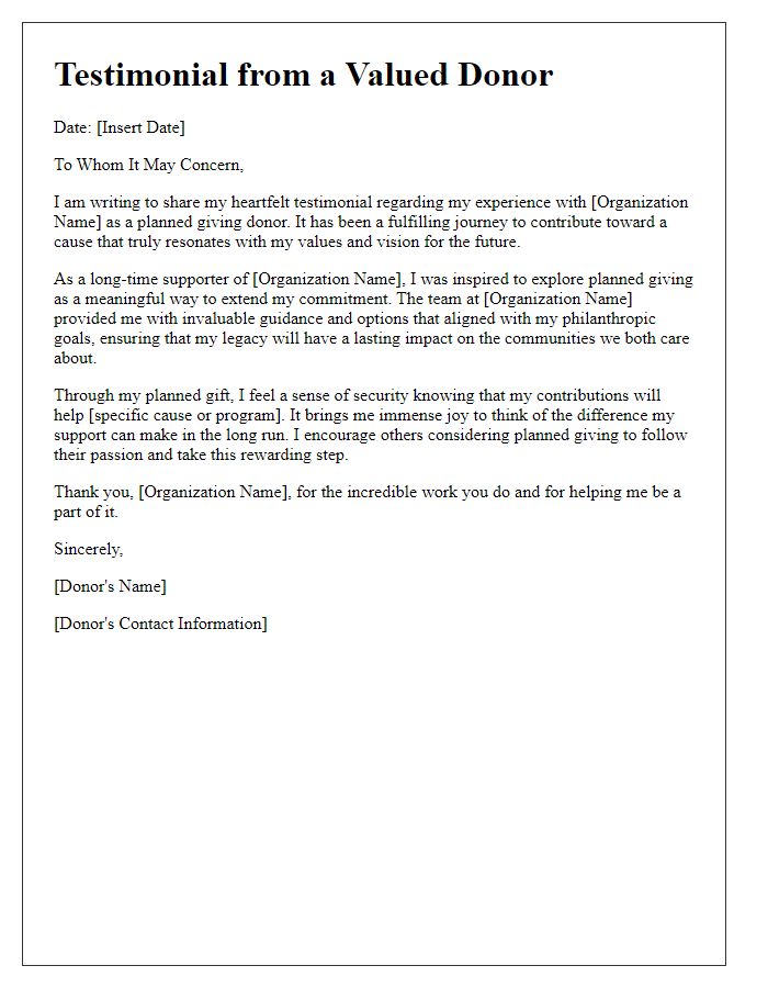 Letter template of testimonial featuring a planned giving donor