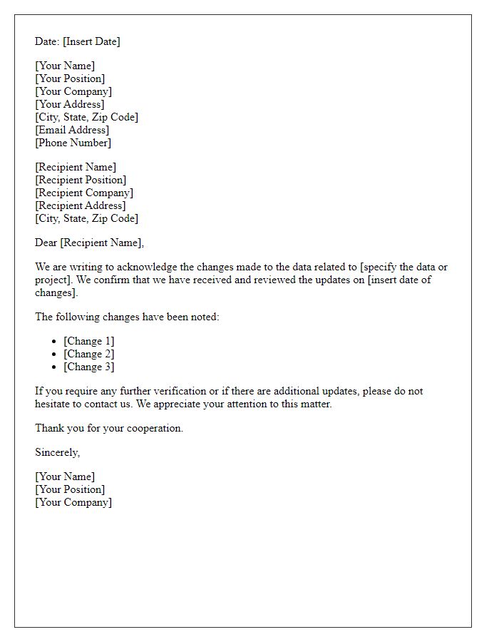 Letter template of Acknowledgment of Data Changes