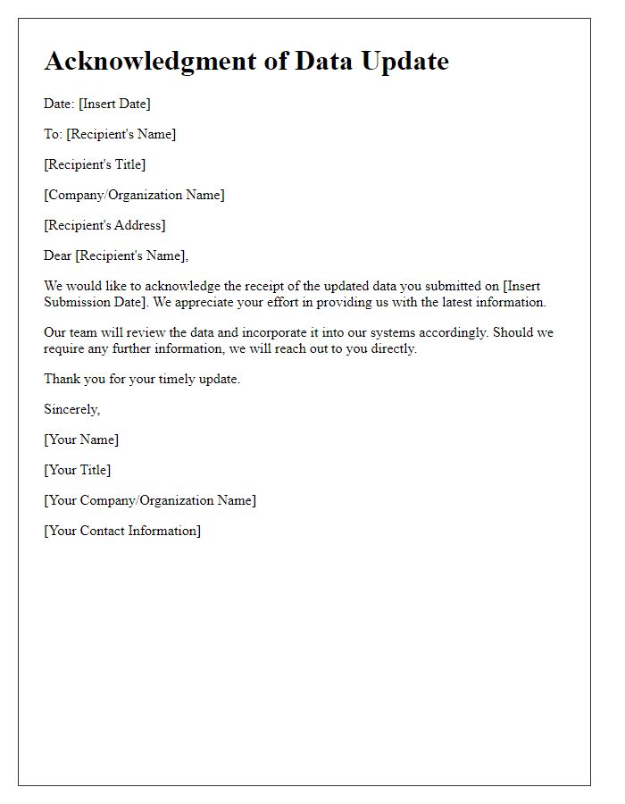 Letter template of Acknowledgment of Data Update
