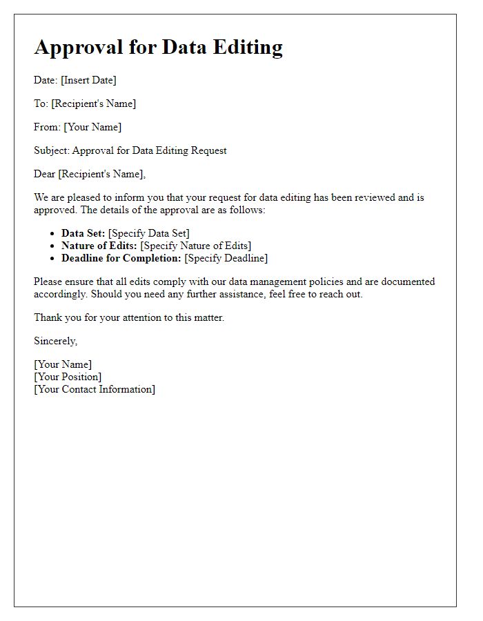 Letter template of Approval for Data Editing