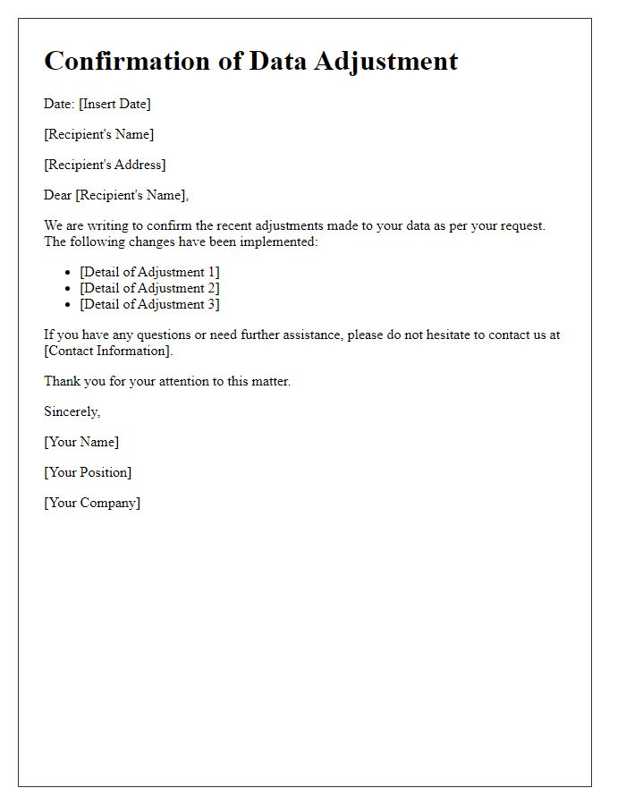 Letter template of Confirmation for Data Adjustment