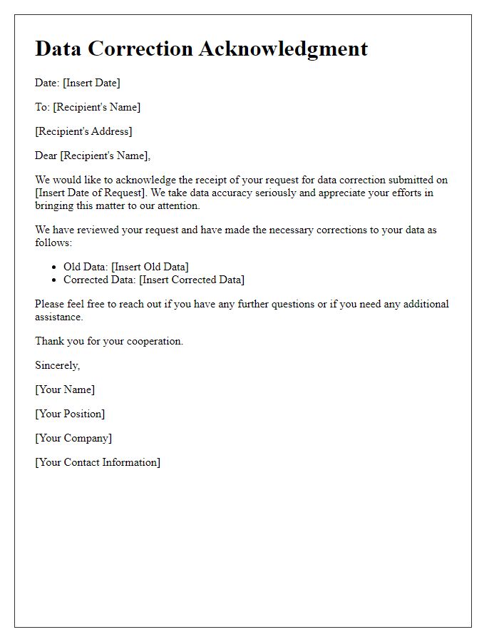 Letter template of Data Correction Acknowledgment