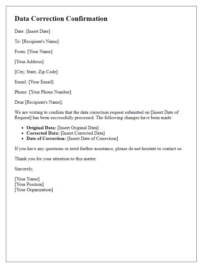 Letter template of Data Correction Confirmation