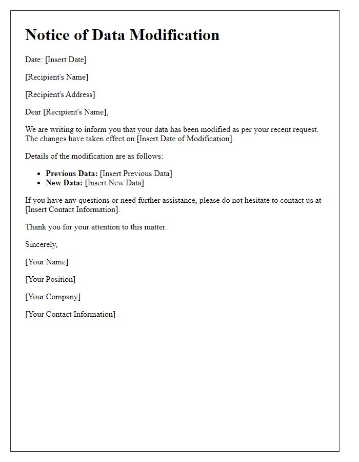 Letter template of Notice for Data Modification