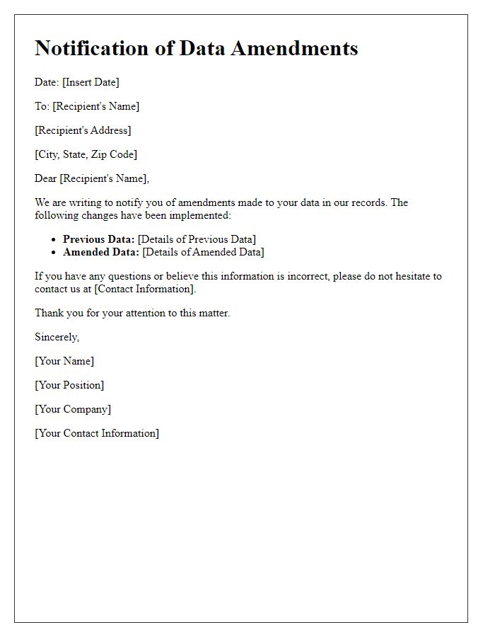 Letter template of Notification for Data Amendments