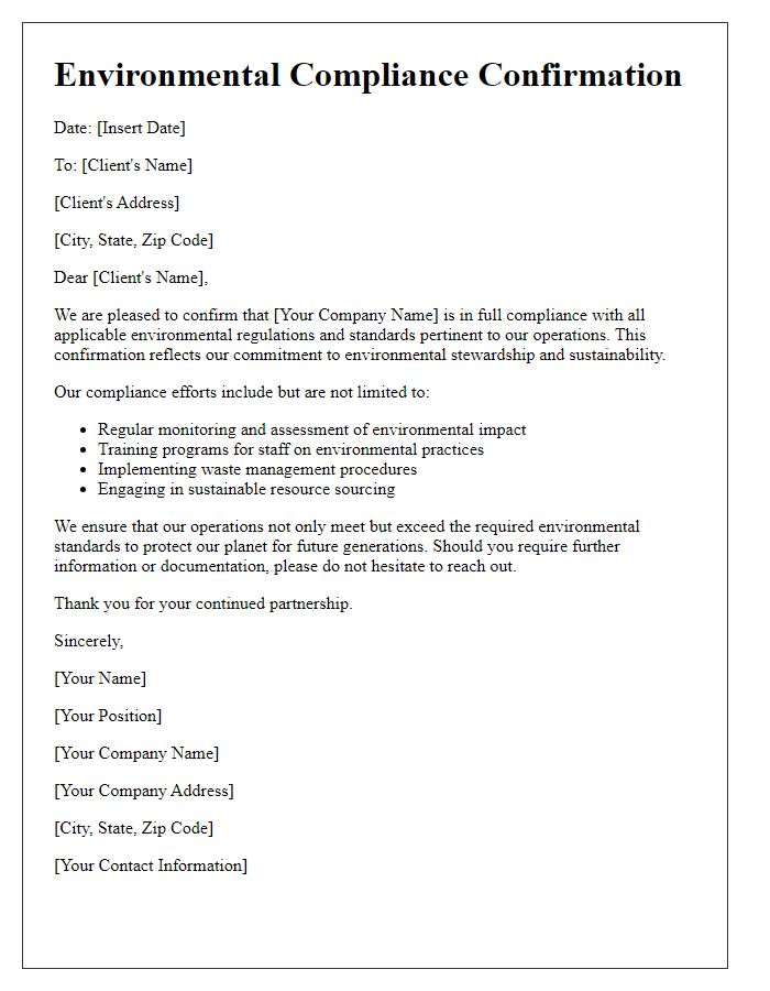 Letter template of environmental compliance confirmation for clients