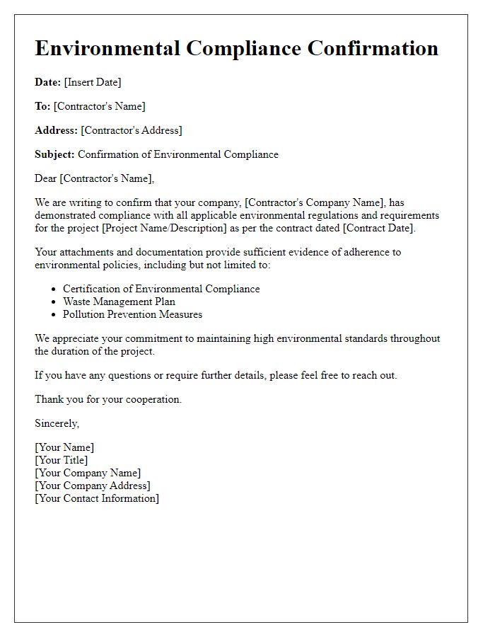 Letter template of environmental compliance confirmation for contractors