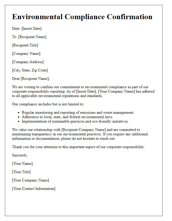 Letter template of environmental compliance confirmation for corporate responsibility reports