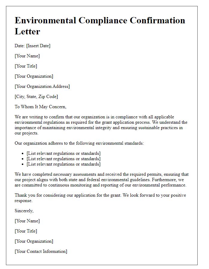 Letter template of environmental compliance confirmation for grant applications