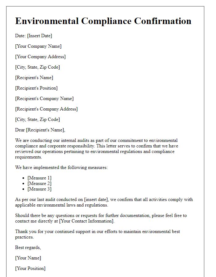 Letter template of environmental compliance confirmation for internal audits