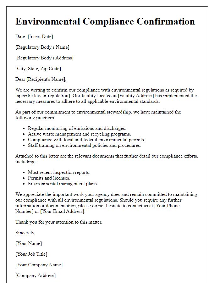 Letter template of environmental compliance confirmation for regulatory bodies