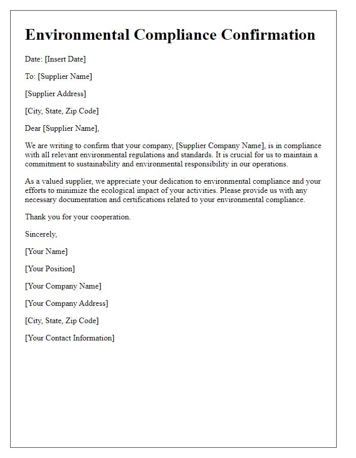 Letter template of environmental compliance confirmation for suppliers