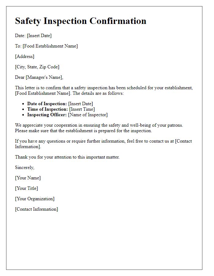 Letter template of safety inspection confirmation for food establishment.