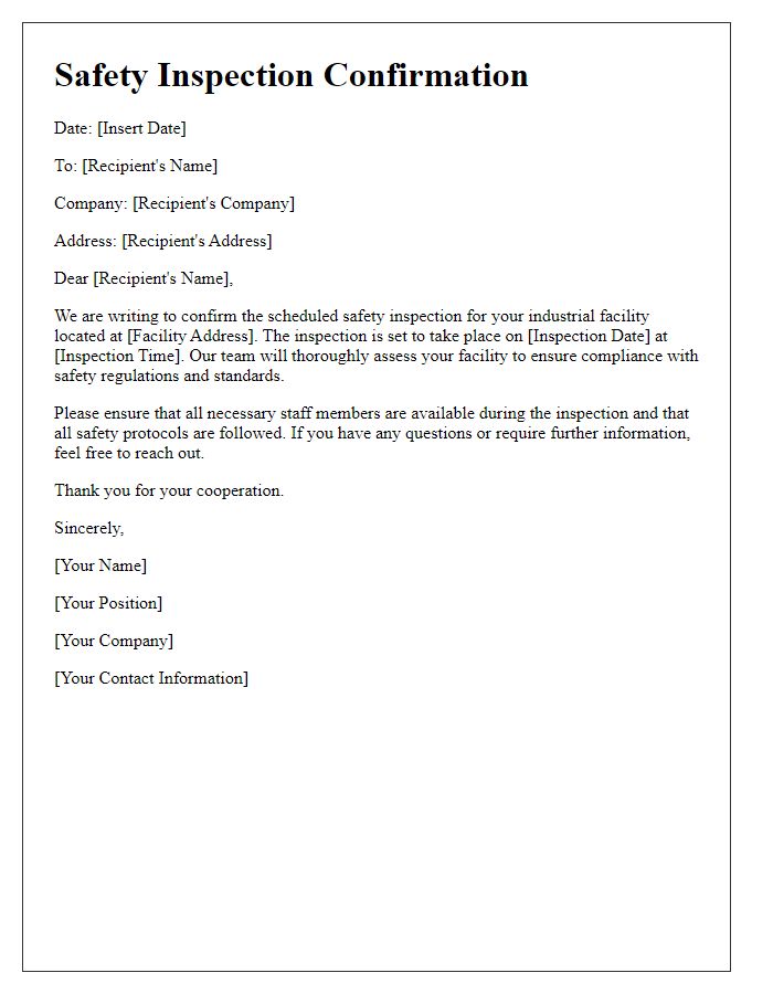 Letter template of safety inspection confirmation for industrial facility.