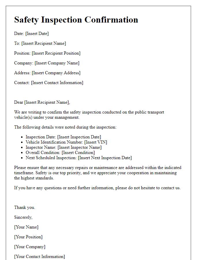 Letter template of safety inspection confirmation for public transport vehicles.