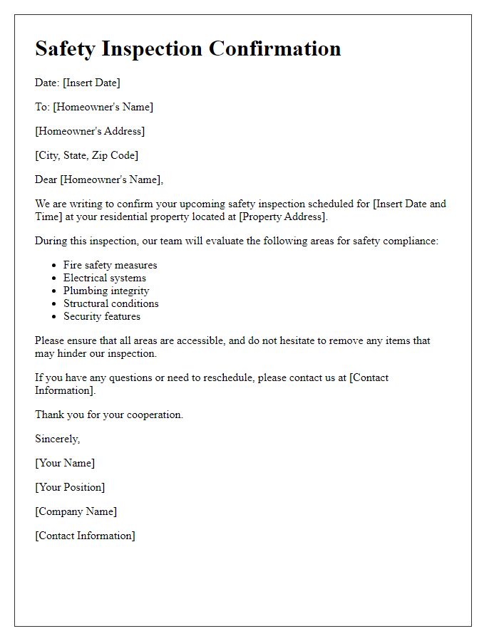 Letter template of safety inspection confirmation for residential property.