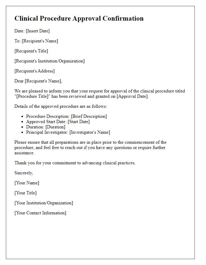 Letter template of clinical procedure approval confirmation.