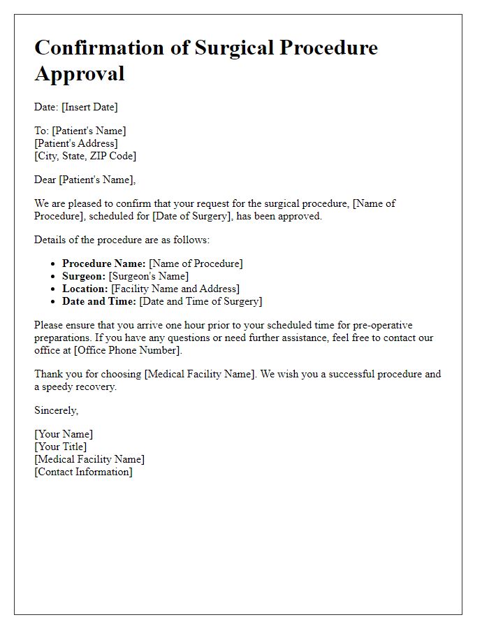 Letter template of confirmation for surgical procedure approval.