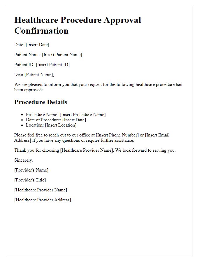 Letter template of healthcare procedure approval confirmation.