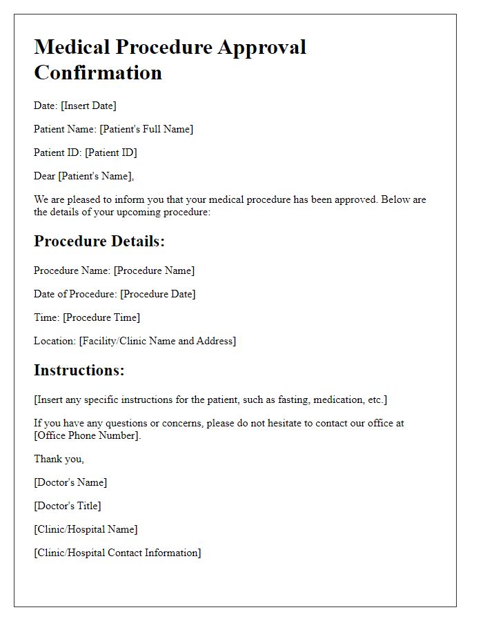 Letter template of medical procedure approval confirmation.