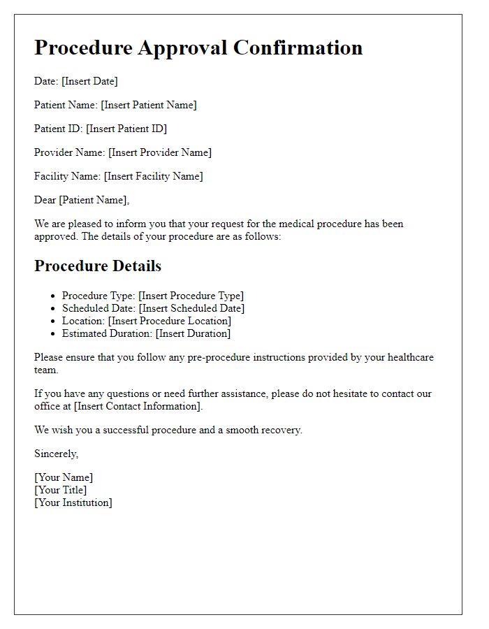 Letter template of procedure approval confirmation for medical treatment.