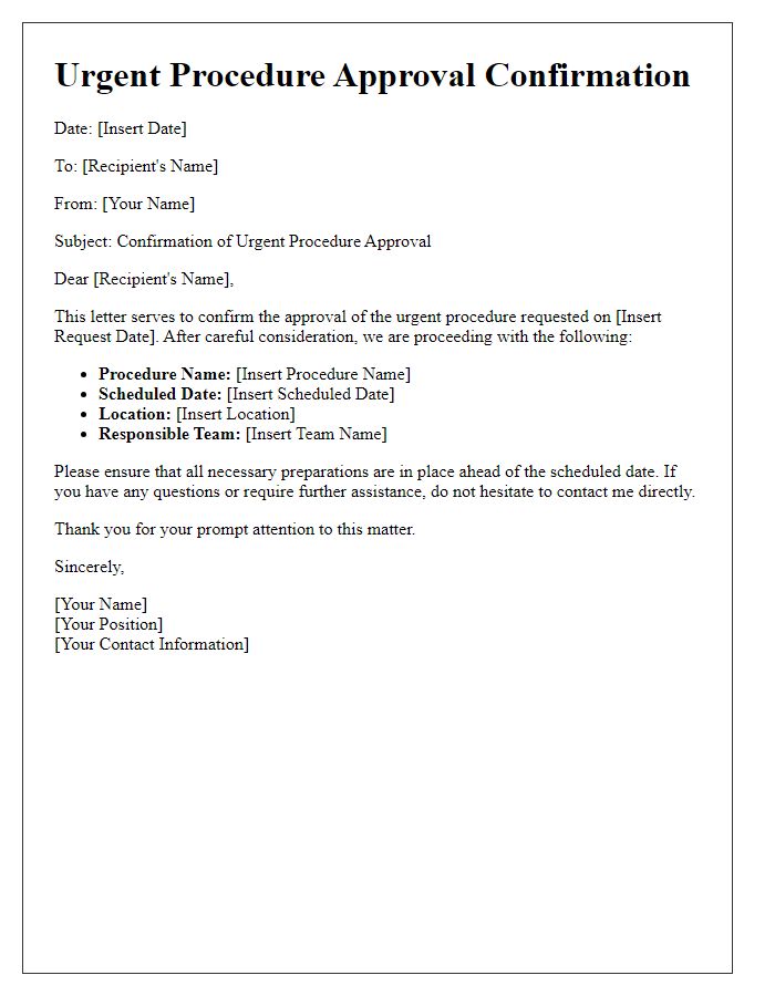 Letter template of urgent procedure approval confirmation.