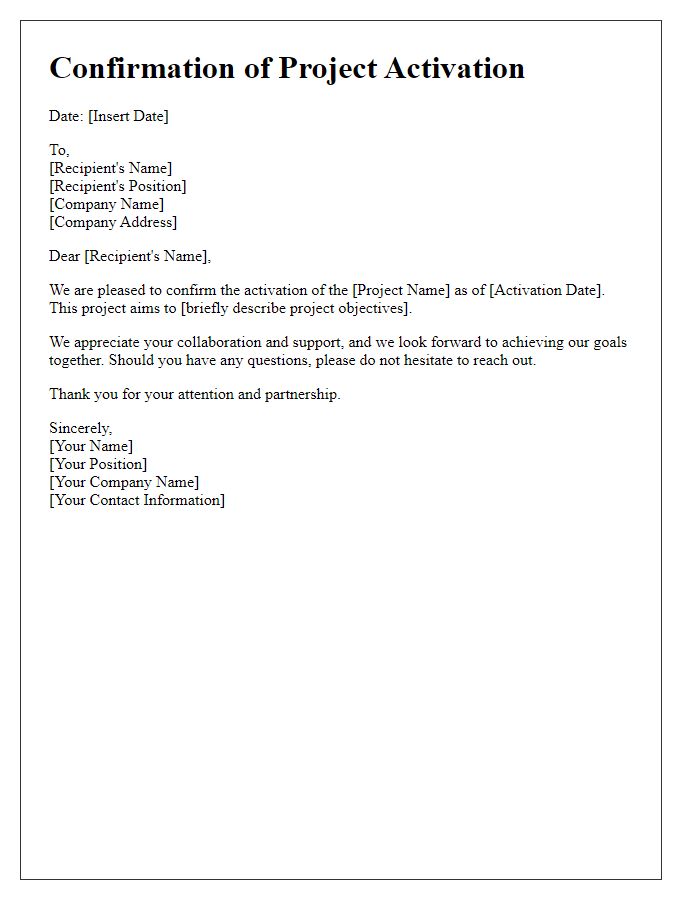 Letter template of confirmation for project activation
