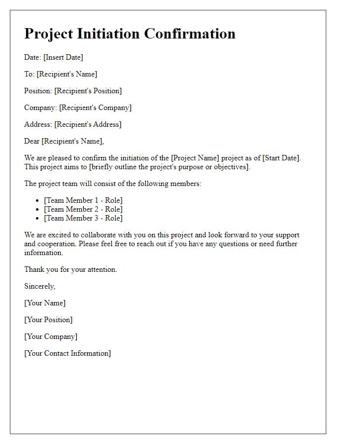 Letter template of formal project initiation confirmation