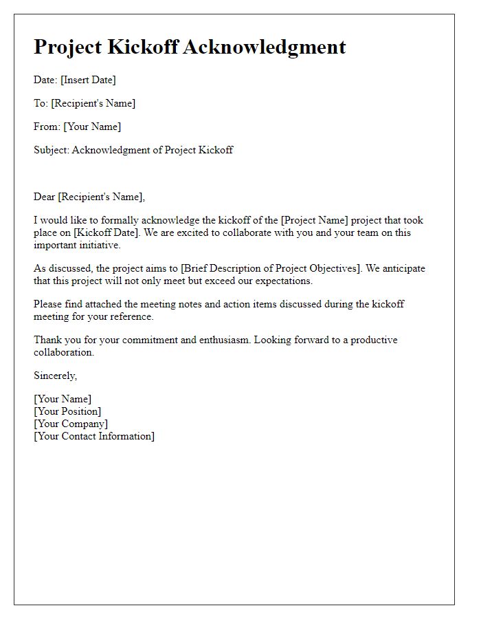 Letter template of project kickoff acknowledgment